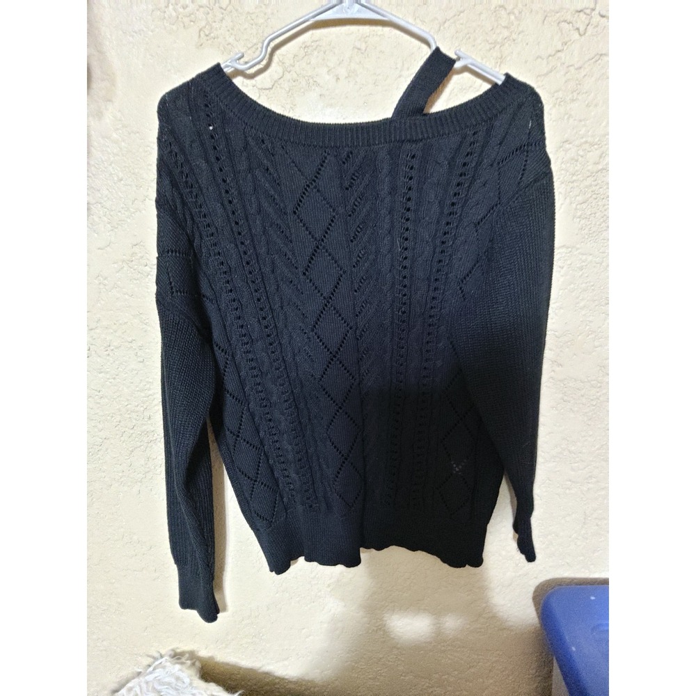 Black Cable Knit Cold Shoulder Sweater Diamond Pointelle Boat Neck Long Sleeve